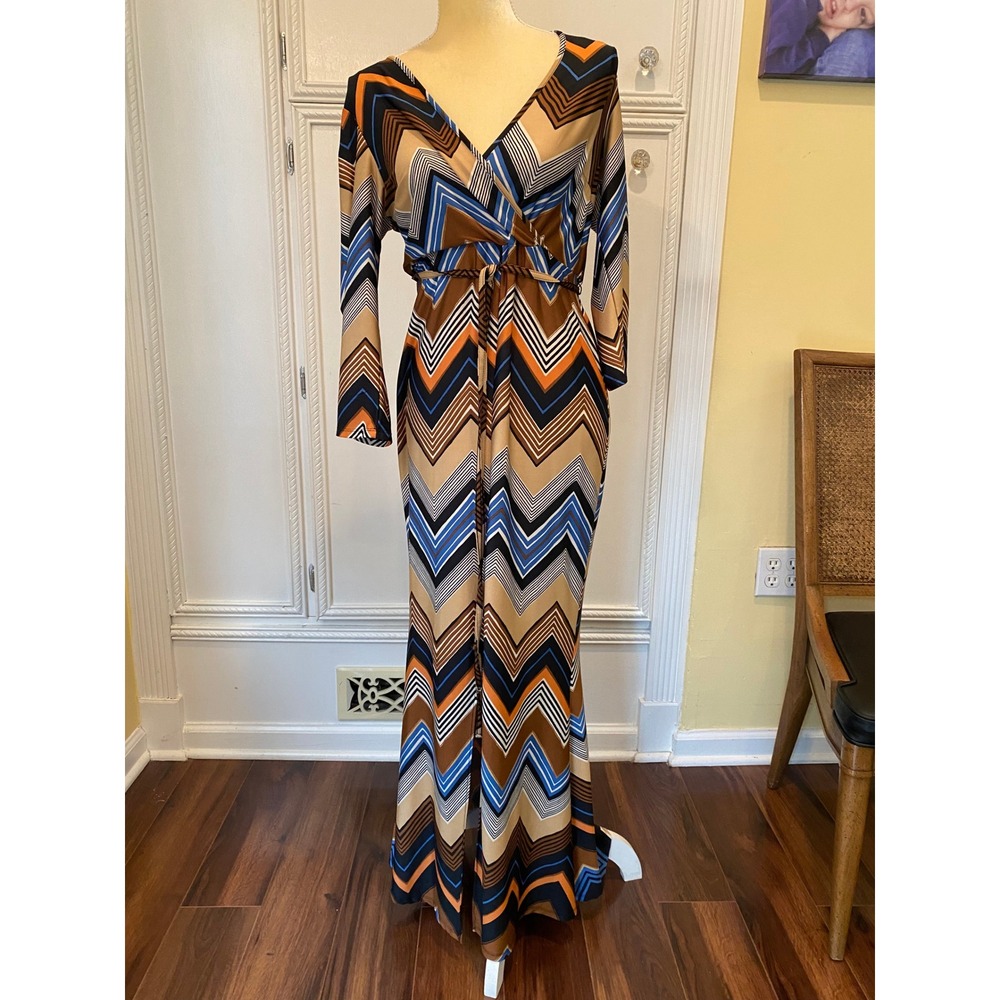 Venus Womens Chevron Print Maxi Dress Brown Blue Orange V-Neck Size M